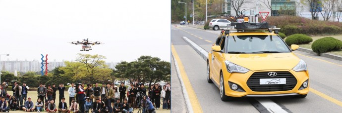 국내 과학기술 연구개발(R&D)은 50년간 산업 발전의 견인차 역할을 톡톡히 해왔다. 앞으로는 무인기(왼쪽), 스마트자동차(오른쪽) 등 미래성장동력으로 꼽히는 분야에서의 기술 발전이 4차 산업혁명을 이끌 것으로 전망된다. - KAIST 제공